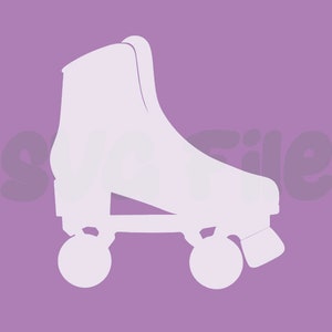 Puede incluir: Silueta de patín sobre ruedas blanco sobre fondo lavanda. La palabra "smile" es visible en morado oscuro. Imagen de diseño gráfico sencillo.