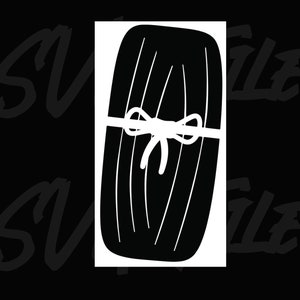 May include: A black and white illustration of a wrapped gift with a white bow. The gift is tied with a ribbon and has a striped pattern.