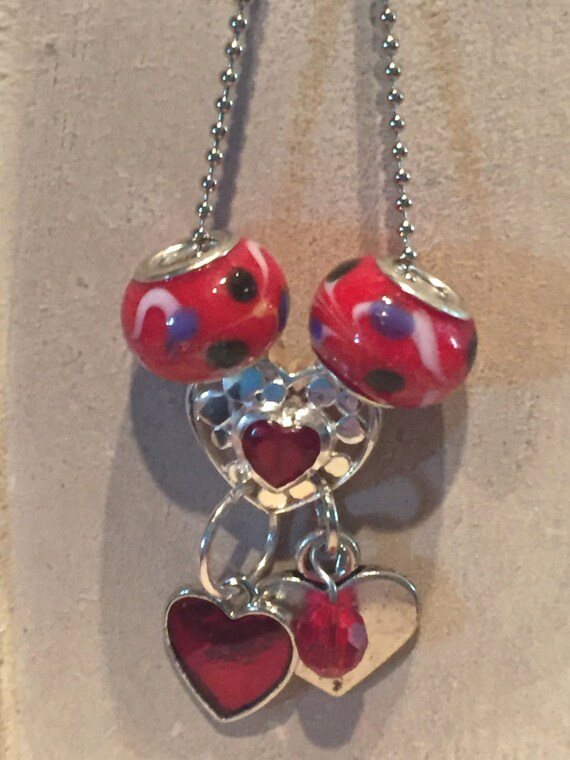 Red Hearts Charm and Bead Necklace Handmade Etsy