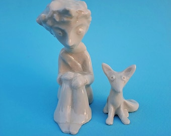 Small ceramic figurines of the Little Prince and the fox, white ceramic,Plastic illustration of Exupery&#39;s tale, ceramicart decor, figurine