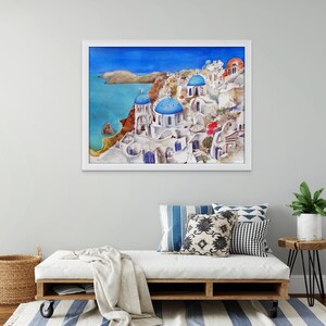 Paysage frais à l&#39;aquarelle de l&#39;île magique de Santorin sous le soleil de la Grèce. Paysage marin giclée. Art méditerranéen. Paysage d&#39;art grec