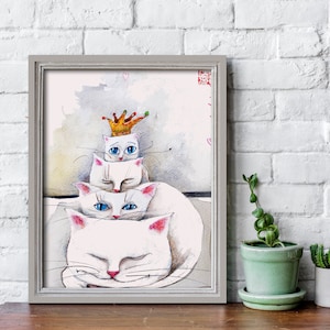 White Kitten Print, Cat Watercolor Painting, Giclee Wall Art Print, digital fail Illustration, White Cats Portrait, printible cat poster