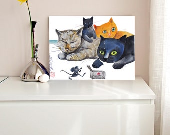 Poster drôle de chats ~ Aquarelle de chats ~ Giclée d'art ~ Art mural chat ~ Décoration murale pour chambre d'enfant ~ Cadeau pour amoureux des chats ~