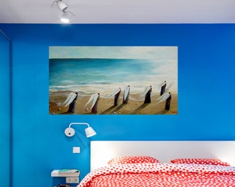 May include: A painting of a group of figures with white wings walking on a sandy beach towards a blue ocean. The figures are wearing long, dark robes and have their backs to the viewer.
