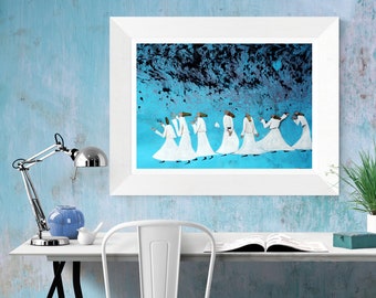 Sufi Swirling Dervish marbling Painting Art Canvas Print. Islam Muslim Poster. Mystical Mevlana Rumi Sema Dance. Print for home and office.
