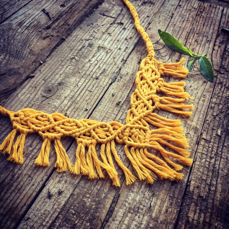 Ethnic necklace Tribal Macrame Necklace,yellow tassel necklace Fringe Cotton Rope Knot Necklace boho Macrame Jewelry Festival Jewelry