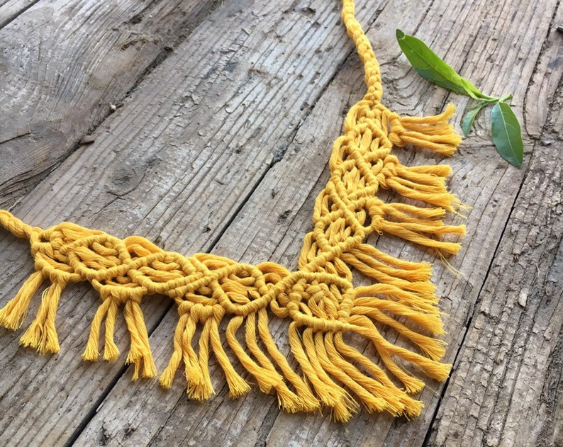 Ethnic necklace Tribal Macrame Necklace,yellow tassel necklace Fringe Cotton Rope Knot Necklace boho Macrame Jewelry Festival Jewelry