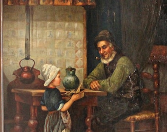 Antique Oil Painting on Board by W Johnson Dutch School Genre art