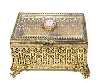 Vintage Ormolu Gilt Jewelry Box with Cameo Lion Paw Feet Matson