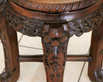 Antique Chinese Carved Wood Side Table Plant Stand Dragons Open Work Ca 19th Century Qing Dynasty