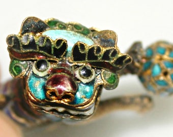 Old Chinese Guardian Lion Foo Dog Amulet Pendant Enamel on Metal