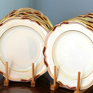 6 Antique English Dinner Plates Crimson Oak Leafs Scalloped Spode Copelands  UNUSED Ca 1920&#39;s