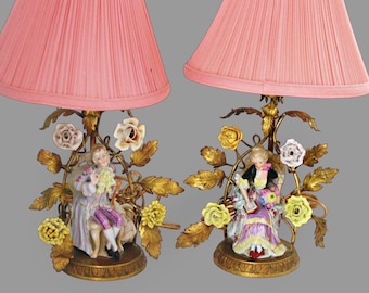Antique French Porcelain Gold Figural Lamps Ca 18th C