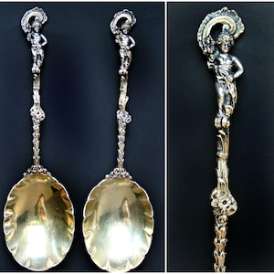 Antique English Sterling Silver Cherub Berry / Nut Serving Spoons  by James Wakely & Frank Clark Wheeler Ca 1891 Gold Washed