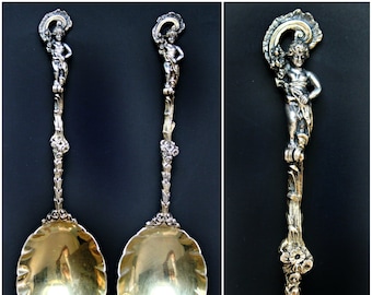 Antyczne angielskie łyżki do serwowania srebra Cherub / orzechów James Wakely & Frank Clark Wheeler Ca 1891 Gold Washed