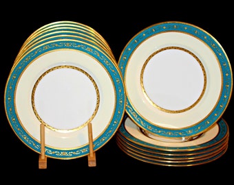 6 Antique Minton Dinner Plates Turquoise Gilt Lily of the Valley UNUSED Near Mint 10''