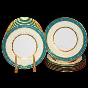 6 Antique Minton Dinner Plates Turquoise Gilt Lily of the Valley UNUSED Near Mint 10&#39;&#39;