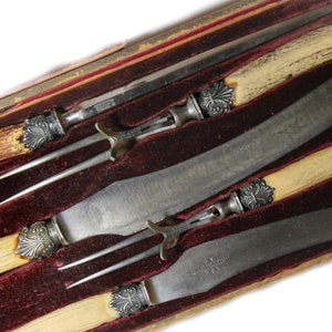 Antique Joseph Rodgers & Sons Carving Set Honing Steel Antler Horn Handles 1885 V crown R Cutlery to Her Majesty COLLECTIBLE