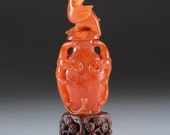 Antique Chinese Snuff Bottle on Stand Hand Carved Red Stone Carnelian Baby Phoenix Bird Agate Dragon Handled