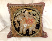Vintage Old Thai Burmese Burma KALAGA Embroidered Tapestry Decorative Trow Pillow -Buddha, Elephant