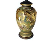 Antique Satsuma Vase Lamp Arhats with a Sinuous Dragon Meiji Period 15 39 39 (38 cm) Vase Height Very Good Condition