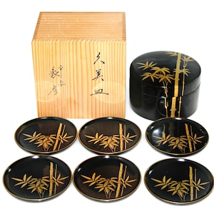 Japanese Lacquer Ware Tableware Hand Painted Gold Bamboo against Black Ground Makie Art Work Signed Box New Old Stock