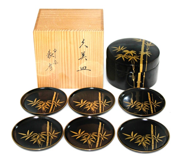 Japanische Lack Ware Geschirr von Hand bemalt Gold Bambus gegen schwarz  Boden Makie Kunst Arbeit signiert Box neue alte Lager - Etsy.de