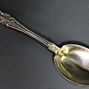 May include: A silver serving spoon with an ornate handle and a gold-plated bowl. The spoon has a twisted rope design on the handle.