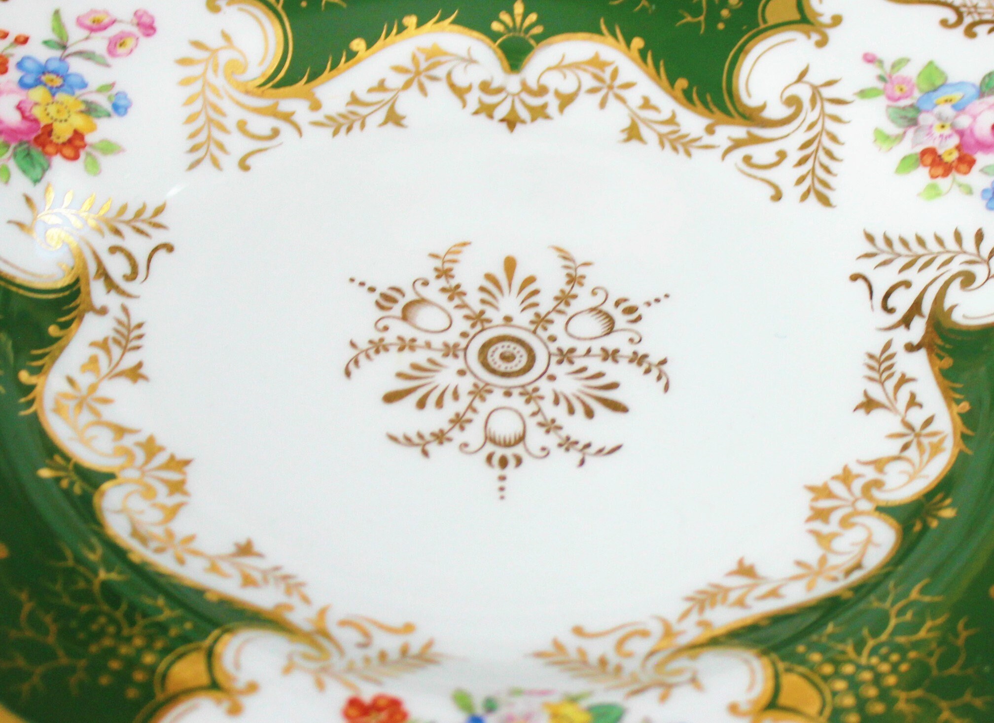 7 Antique English Hand Painted Plates Green Gold Floral by
