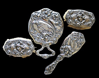 Unger Brothers Sterling Silver  Hand Mirror 1447 Art Nouveau Figural Vanity Set Ca 1904