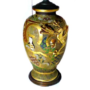 Antique Satsuma Vase / Lamp Arhats with  a Sinuous Dragon Meiji Period  15&#39;&#39;  (38 cm) Vase Height Very Good Condition