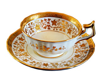 Antique English Teacup and Saucer by Cauldon White and Gold Multiple Quantity