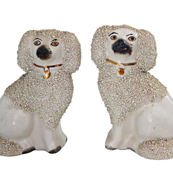 Antique Staffordshire Dogs Confetti Poodle Dog Figurine 5" Pair Ca 1850 - 1860's Gilt Color and Locket
