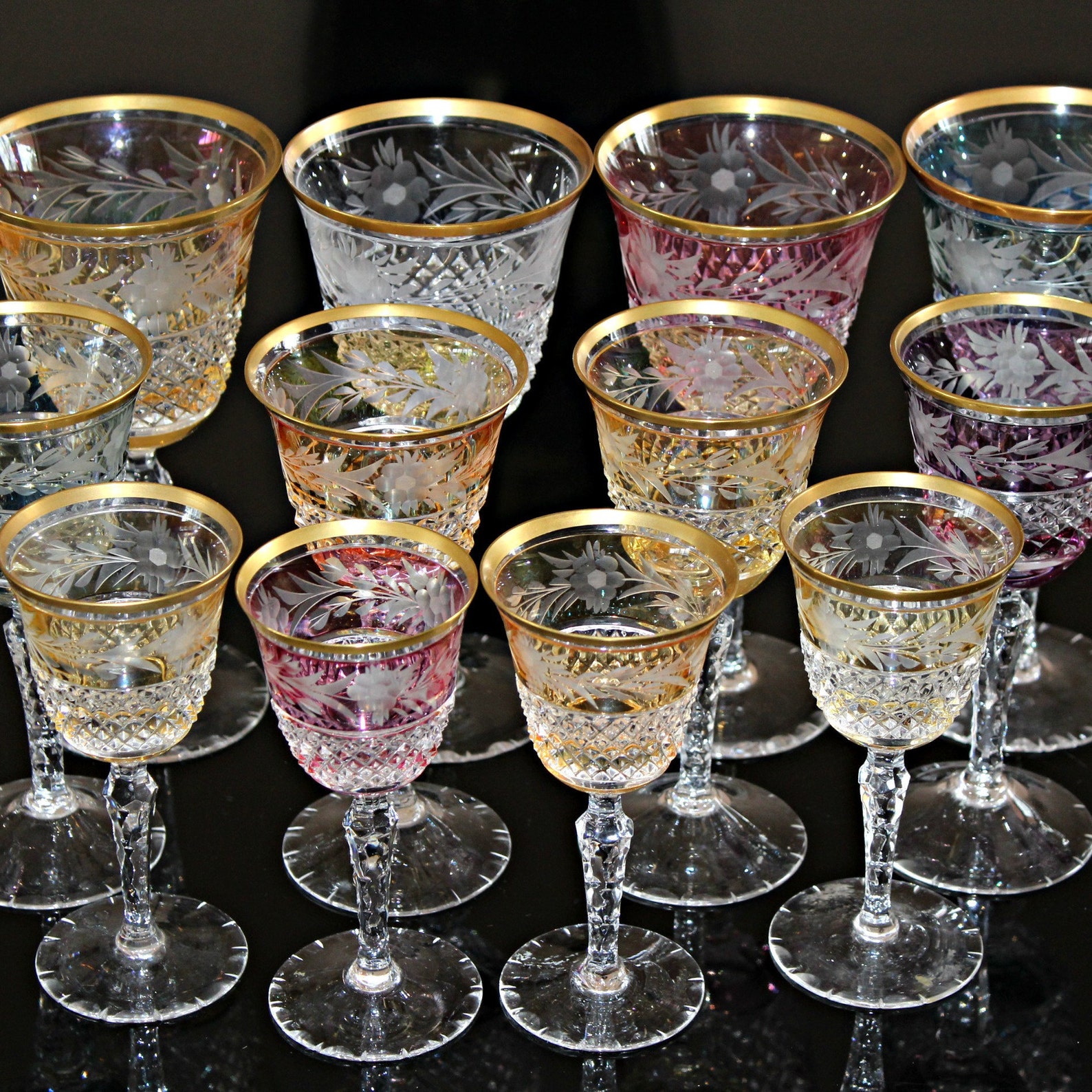 Iridescent Colored Crystal Wine Glasses Hand Cut and Etched Etsy