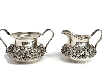 S Kirk  Son Sterling Silver Floral Repousse Hand Decorated Creamer & Sugar