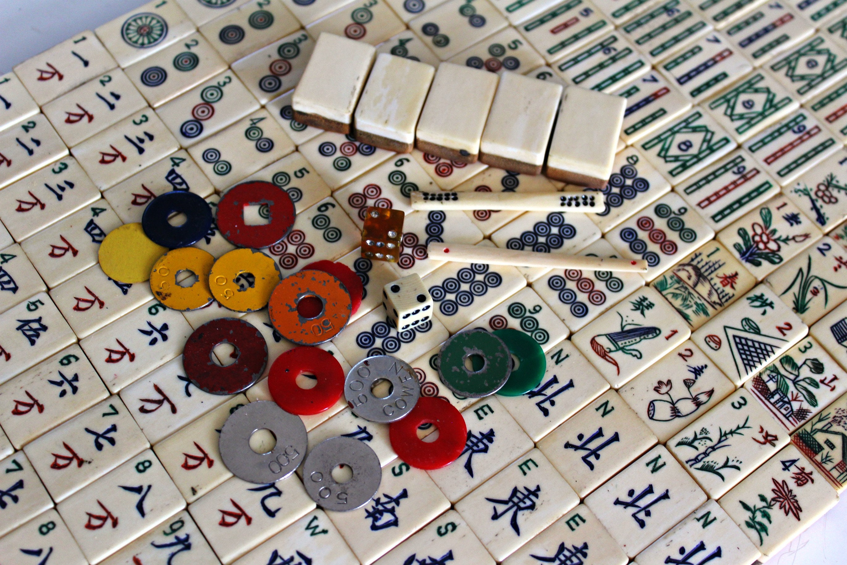 Traditional American Mahjong Set, The Water Margin - Bone & Bamboo Tiles,  Rosewood Case, & Accessories 