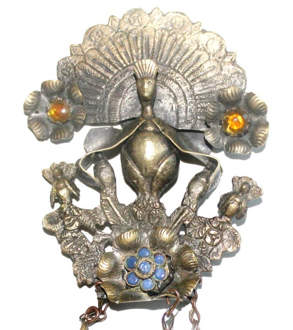 Antique Peruvian Tupu  Peacock Bird w/ Glass  Sto… - image 4