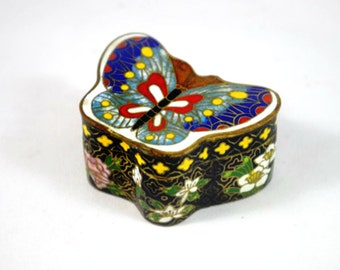 Vintage Chinese Cloisonne Enameled Butterfly Floral Trinket Snuff Box