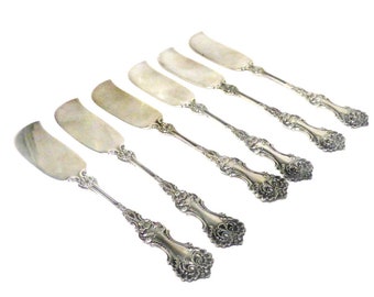 Cuchillos antiguos para mantequilla Whiting de plata de ley, patente de 1898, juego de seis (6) pompadour, diseñador: Charles Osborne