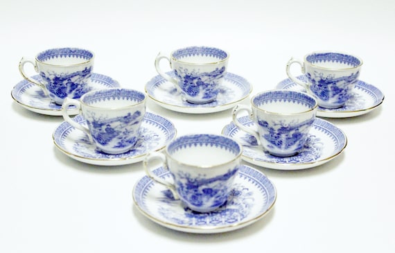 6 Antique Coalport Cups and Saucers Fisherman Pattern Blue