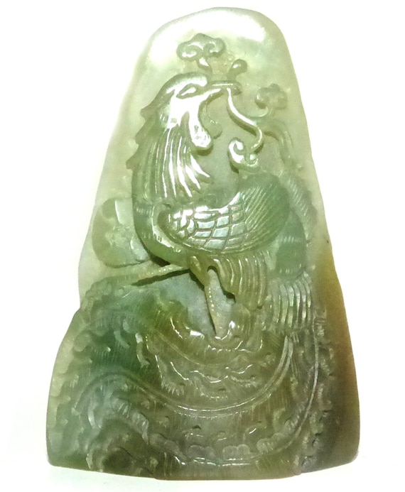 Antique Carved Chinese Green Jade 'phoenix' Boulder Statue