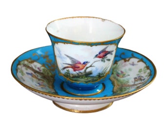 Antique French Sevres Style Tea Cup and Saucer Hand Painted Birds Ca 18th C