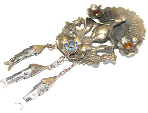 Antique Peruvian Tupu  Peacock Bird w/ Glass  Sto… - image 3