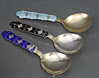 Modern Scandinavia Sterling Silver Cream Soup Spoons Set of 3 Guilloche Enameled J Tostrup