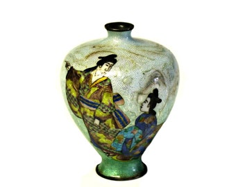 A Small Ginbari Cloisonné Enamel Vase Late 19th / Early 20th C Signed Samurai Theme 4'' RARE