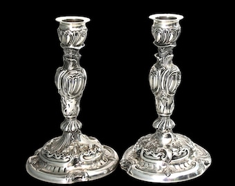 Antique French Rococo sterling silver candlesticks Ca 1745–1760, Louis XV period.