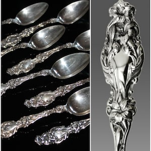 Antique Whiting Manufacturing Co. &quot;Lily&quot; Sterling Silver Spoons Charles Osborne  Set of 8 Teaspoons