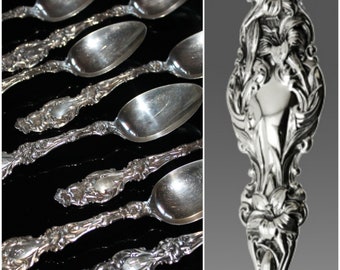 Antique Whiting Manufacturing Co. &quot;Lily&quot; Sterling Silver Spoons Charles Osborne  Set of 8 Teaspoons