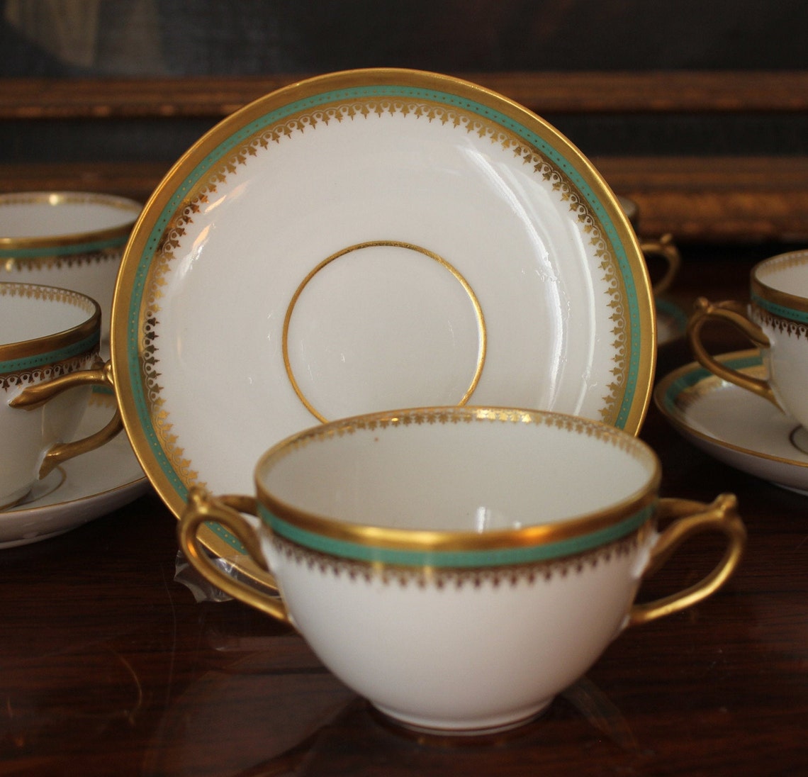 Antique Limoges Bouillon Cups Saucers Unused Green Band Gold Etsy