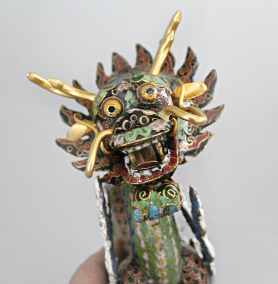 動く頭を持つ中国の七宝焼きの龍の置物 5本の爪の金線 - Etsy 日本